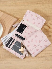 Fashionable Bow Printed Short Wallet, Portable Metal Heart-Shaped Tassel Decoration, Multi Slot Snap Wallet, Suitable For Outdoor And Travel - Pink - View 4