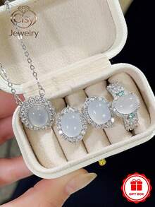 1 Set Of 4 Elegant Cubic Zirconia Rings, Necklace, Earrings With Gift Box, Women's Wedding Anniversary Gift - 1# - View 1