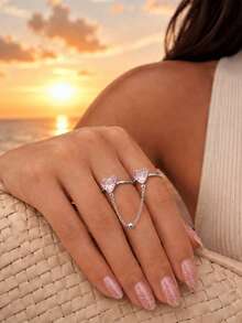 STONEFANS 1pc New Sweet & Cool Heart Double Finger Ring, Minimalist Girly Style, Exquisite Fashion Party & Date Hand Accessory - Love - View 5