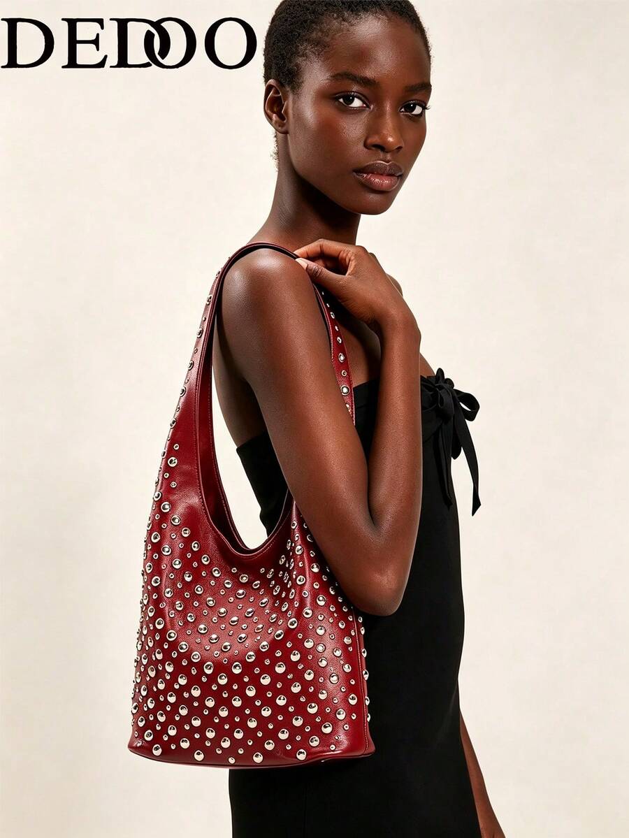 Dedoo Burgundy V-Shaped Double-Sided Studded Bucket Bag,Punk Style Heavy-Duty Rivet Embellished Underarm Shoulder Bag,Suitable For Work Commute And Shopping