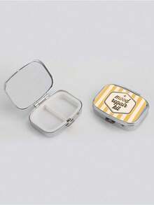 2D Flat Printing, Vintage Yellow And White Striped Creative Mood Slogan Pattern Square Small Pillbox, Two-Compartment Portable Storage Case, Pocket-Sized Container For Small Items, Accessories, Medicine, And Vitamins, Only Empty Bag - Multicolor - View 8