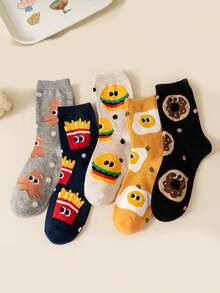 6 Pairs Random Assorted Colors Kids Socks, Cute Cartoon Hamburger & Fries Pattern, Boys Girls Toddler Kids Versatile Mid-Calf Socks - Multicolor - View 3