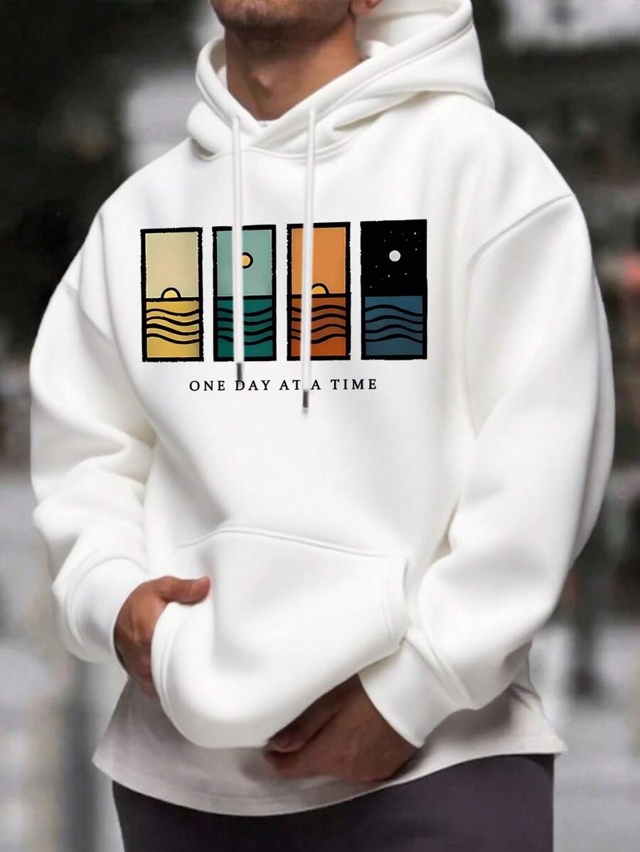 Men's Hoodie Autumn/Winter New Vintage Seascape Letter Print Streetwear Loose Washed Hooded Sweatshirt