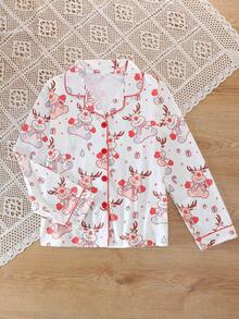 Children's Christmas Cartoon Deer All-Over Print Breathable Comfortable Turn-Down Collar Button-Up Pajama Set Long Sleeve Long Pants For Girls - Multicolor - View 3