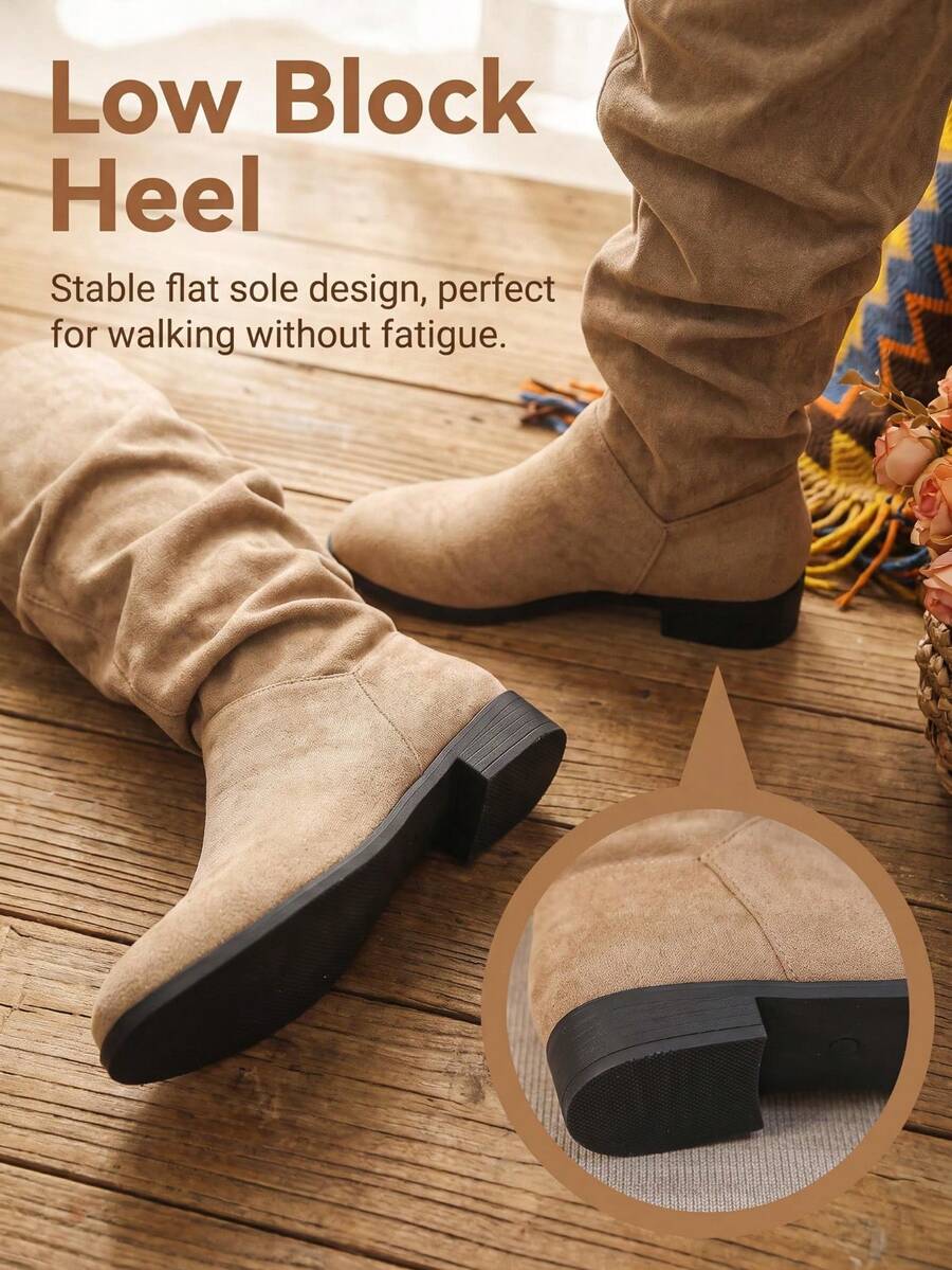 Women's Slouchy Ruched Stacked Tall Boots, Khaki Solid Color Elegant Round Toe Low Chunky Heel Versatile Slimming High Shaft Boots For Autumn/Winter - Khaki - View 1