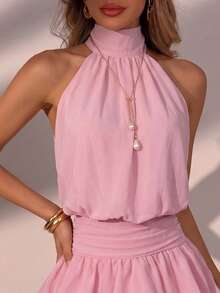 Elegant Fashion Pink Halter Neck Backless Layered Ruffle Mini Dress Wedding Party Fall - Pink - View 4