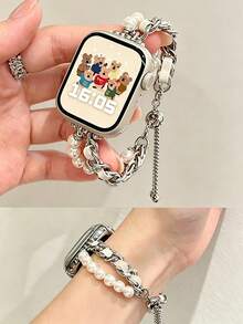 1pc Women's Silver Metal Exquisite Pearl Chain Watch Band Compatible With Redmi Watch 3 Active/ Watch 4/ Watch 5Lite/5Active Watch 6Active/6lite/6 - White-silver Chain - View 1