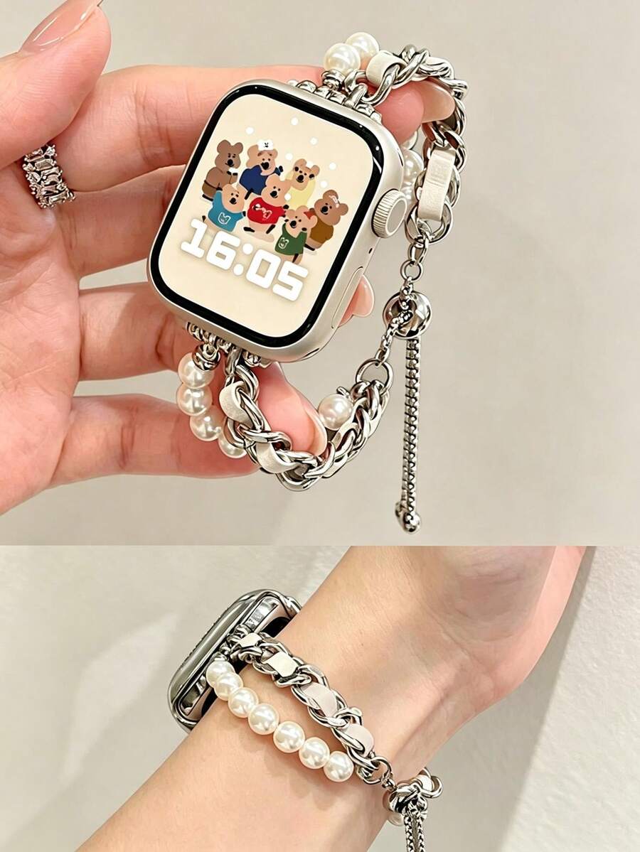 1pc Women's Silver Metal Exquisite Pearl Chain Watch Band Compatible With Redmi Watch 3 Active/ Watch 4/ Watch 5Lite/5Active Watch 6Active/6lite/6 - White-silver Chain - View 1
