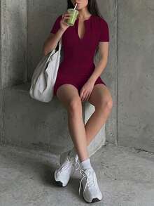 Backless Design Versatile Short Tight Jumpsuit, Accentuate Curve, New Fashion For Summer Elegant - Burgundy - View 3