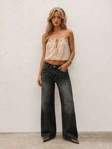 Women Mid‑Rise Vintage Washed Wide Leg Jeans, Dark Grey Loose Floor‑Length Denim Trousers, Retro Street Style For Casual Holiday Daily Outfits Boho - Grey - View 3