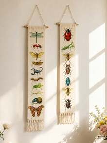 1pc/2pcs Insect Pattern Tapestry, Vintage Plant & Insect Illustration Scroll, Tasseled Boho Style Vertical Tapestry, Retro Bug Print Wall Art, Bohemian Style Wall Decor, Nature Inspired Art Hanging - Multicolor - View 2