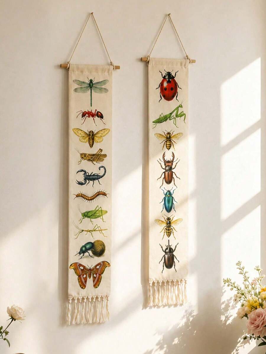 1pc/2pcs Insect Pattern Tapestry, Vintage Plant & Insect Illustration Scroll, Tasseled Boho Style Vertical Tapestry, Retro Bug Print Wall Art, Bohemian Style Wall Decor, Nature Inspired Art Hanging