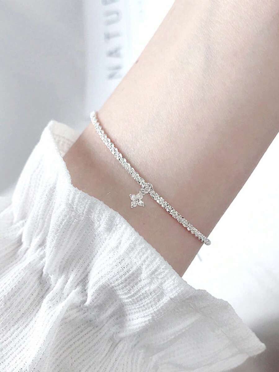 Nooxian 1件女款手鍊,極簡海灘度假層次風,銅鑲鋯石四葉草吊墜閃亮鏈條手鍊,日常配飾禮物 - 銀色 - 查看 1