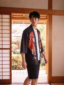 男士和服開襟衫休閒襯衫，印花百搭單層，可機洗 - 黑色 - 查看 2