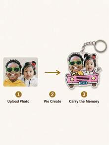 Personalized Face Cutout Photo Keychain, Custom Pink Cartoon Car With Double Photo And Text, Couple Family Keepsake For Bags And Keys - Multi-color - View 3