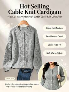 Plus Size Women's Autumn/Winter Loose Cable Knit Cardigan, Pearl Button Round Neck Slimming Long Sleeve Soft Warm Casual Knit Jacket - Grey - View 5