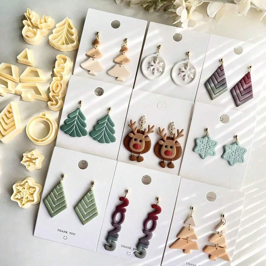 Christmas Tree Clay Cutter, Reindeer Winter Snowflake Polymer Clay Cutter Set, DIY Jewelry Making Kit, Synthetic Resin, Handmade Tools, Art Clay Molds, DIY Jewelry Making Supplies - Yellow - View 1