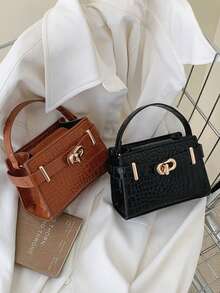 1pc Mini Solid Color Embroidered Pressed Crocodile Texture Square Bag With Turn Lock Flap, Essential Handbag, Shoulder Bag, Crossbody Bag For Shopping And Travel - Multicolor - View 3