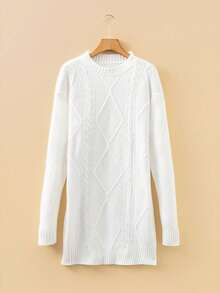 Acelitt Autumn/Winter Plus Size Women's Solid Color Knit Textured Cold Shoulder Plus Size Sweater Dress - White - View 7