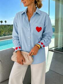 Women's Autumn/Winter Vacation Blue Button-Up Shirt With Pockets And Heart Decoration, Suitable For Brunch, Vacation And Daily Wear - Blue - View 9