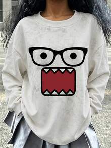 1pc Round Neck Printed Eyes & Mouth Pattern Sweatshirt, New Autumn/Winter Comfortable Top - White - View 1