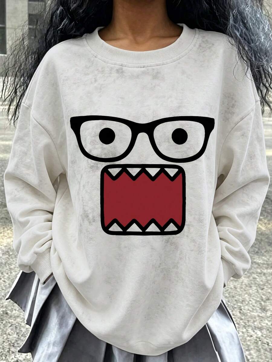 1pc Round Neck Printed Eyes & Mouth Pattern Sweatshirt, New Autumn/Winter Comfortable Top - White - View 1