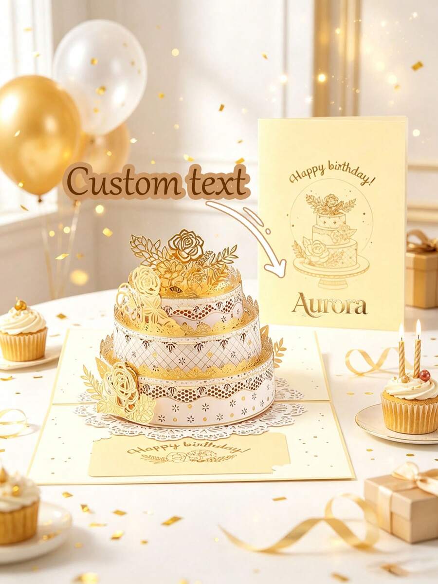 Customized Greeting Card With Gold Balloons And Floral Design, Personalized Birthday Card For Men, Women, Friends, Family, Party, Celebration, Perfect Gift, Elegant, Luxurious, Fashionable, High Quality, Vibrant, Decorative - Single Piece - View 1
