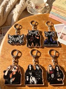 1pc/6pcs Norwegian Black Metal Band Aesthetic Acrylic Keychains, Classic Logo And Member Designs Including Band Gothic Logo, Band 4-Member Group Photo, Classic Album, Lead Singer Corpse Paint Performance, Duo Photo Asymmetric Pattern Pendant, Backpack And Car Key Accessories, Gifts For Black Metal And Heavy Metal Fans - Multicolor - View 1