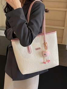 大容量時尚百搭女款單肩包，新款帆布手提包，優化設計，適合上學、上班與購物（無吊飾） - 粉色 - 查看 9