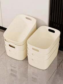 1/3/6pcs Beige Plastic Storage Bins With Handles, Cosmetic Storage Box, Toy Storage Box, Stackable Storage Container, Suitable For Organizing, Shelves, Home, Kitchen, Office, Closet, Game Room - Cream Yellow - View 4