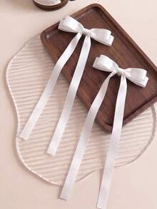 1pc White Satin Bow Hair Clip, Women's Long Ribbon Bow Hair Clip, Suitable For Daily Wear, Wedding Party Vintage Hair Accessory - White - View 5