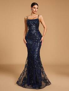 Women's Luxury Deep Blue Beaded Mermaid Evening Gown, Spaghetti Strap Sequin Formal Long Dress With Transparent Train, Suitable For Balls And Events, Women's Formal Long Mermaid Dress, Spaghetti Strap Pearl Sequin Decor Backless Tie Ball Gown - Royal Blue - View 7