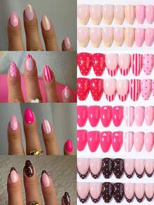 102pcs (4 Styles Mixed) Short Oval Colorful French Manicure Nail Tips, With Line, Polka Dot And Heart Designs, Popular Combination, Perfect Fit Acrylic False Nail Set, Includes 1pc Jelly Glue And 1pc Nail File, Suitable For Women's Daily And Party Use - Multicolor - View 1