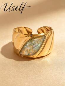 Uself 5pcs/1pc Cincin Lebar Bertekstur Vintage, Desain Alur Mata Kuda Cangkang Hancur Multi-Warna, Cincin Jari Telunjuk Mewah Kelas Atas yang Dapat Diatur - MultiWarna - View 12