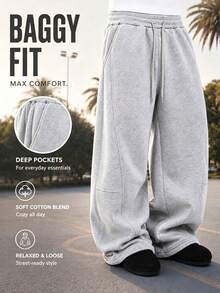 Men's Streetwear Loose Fit Sweatpants, Suitable For Casual Daily Wear, Elastic Waistband With Drawstring Closure - Grey - View 7
