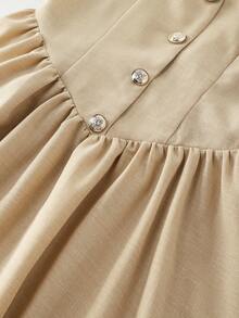Gaun Malam Formal Wanita Gaya Prancis Elegan Warna Polos dengan Kancing Vintage untuk Kencan Musim Semi dan Gugur - Khaki - View 6