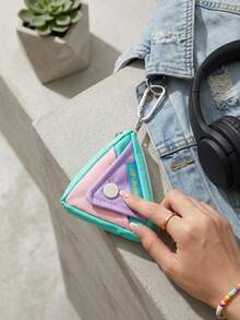 Color Matching Triangle Key Bag, Macaroon Contrast Mini Nylon Purse, Carabiner Zipper Portable Hanging Storage Bag, Suitable For Daily Use. - Multicolor - View 6
