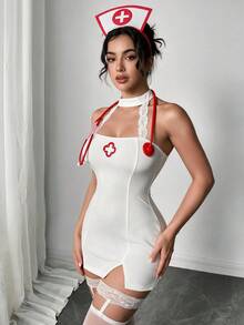 Plus Size Sexy Party Ultra Short Low Cut Sweet Semi-Sheer Lace Slit Cosplay Nurse Role Play Dress, 1pc, White - White - View 6