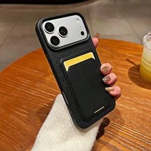 1件自黏式卡夾 + 磨砂荔枝紋 TPU 全包防摔極簡手機殼，適用 Apple 18 17 16 15 14 13 12 11 Pro Max/Plus 7/8/XR，防指紋保護殼 - 黑色 - 查看 2