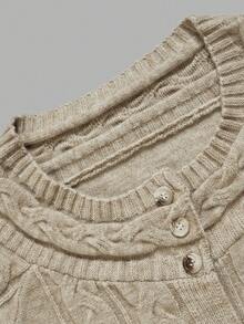 Women Autumn Cable Knit Cardigan Round Neck Long Sleeve Button Down Slim Fit Knit Sweater Outfits For Women Fall Clothes - Khaki - View 4