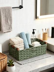 Forest Style Paper Rope Woven Solid Wood Handle Storage Basket, Bathroom Toilet Countertop Care Storage Box, Desktop Soft Decor Tray, Shelf Storage Basket, Multi-Functional Storage Basket, Suitable For Bathroom, Living Room, Bedroom And Office - Multicolor - View 2