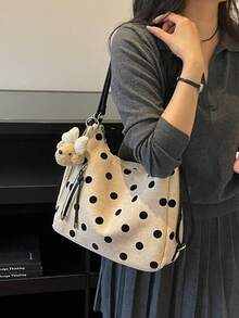熱門女款新款大容量通勤斜挎肩背包 小眾設計手提包 休閒百搭極簡時尚托特包 舒適布料 PU 皮革紋理 純色設計 拉鍊開合 可調節長肩帶 大容量 附吊飾 - 卡其色 - 查看 3