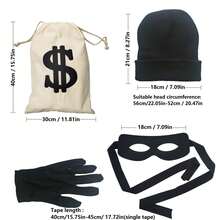 4PCS Burglar Robber Costume Set, Thief Cosplay Accessory Kit With Beanie Hat Eye Mask Gloves Money Bag For Party Fancy Dress - Multicolor - View 10