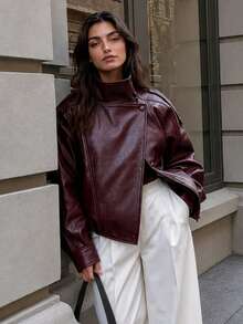 Oversized Faux Leather Biker Jacket With Funnel Neck - Burgundy - View 4