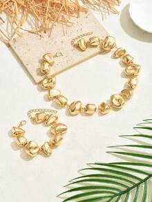 2pcs/Set Fashionable High-End Asymmetrical 3D Square Necklace & Bracelet Set, Women's Jewelry Set For Banquet, Party, Dance, Daily Commute, Versatile - Yellow Gold - View 3