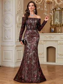hezixi Elegant Luxury Embroidered Lace Sequin Beaded Floral Design Sheer Long Sleeve Dress Party Wedding Fall - Burgundy - View 4