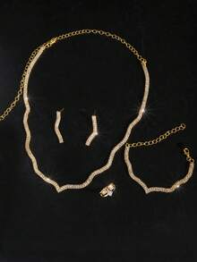 5pcs Luxury Sparkling Crystal Necklace Set, Bridal Wedding Party Dress Jewelry Accessories For Women - Gold - View 2