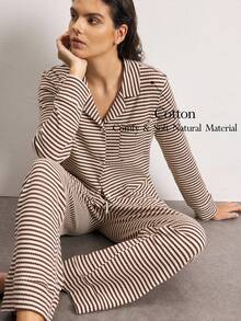 Ocili Striped Print Drop Shoulder Lounge Top PJ Set Sleep Pants - Khaki - View 13