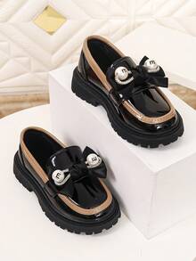 Girls' British Style Colorblock Slip-On Loafers, Thick Sole Versatile Princess Dress Shoes For Spring And Autumn - Black - View 2