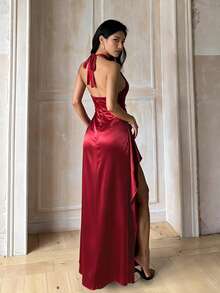 Summer, Elegant Dress, Wedding Guest Dress, Ladies Holiday Wear, Sexy Waist Halter Party Dress, Perfect For Beach, Festivals - Burgundy - View 4